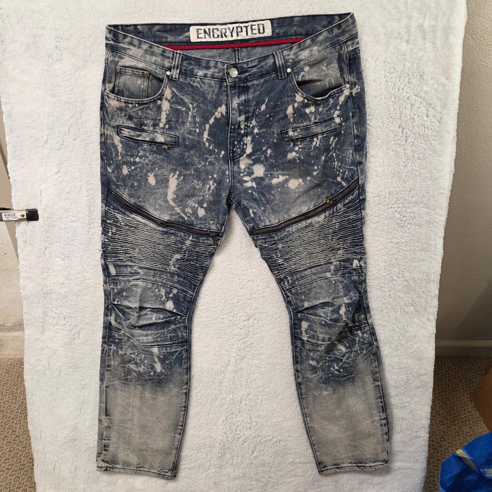 Encrypted Mens Jeans‎ 42x33 Moto Biker Blue Wash Zip Accents Distressed Denim